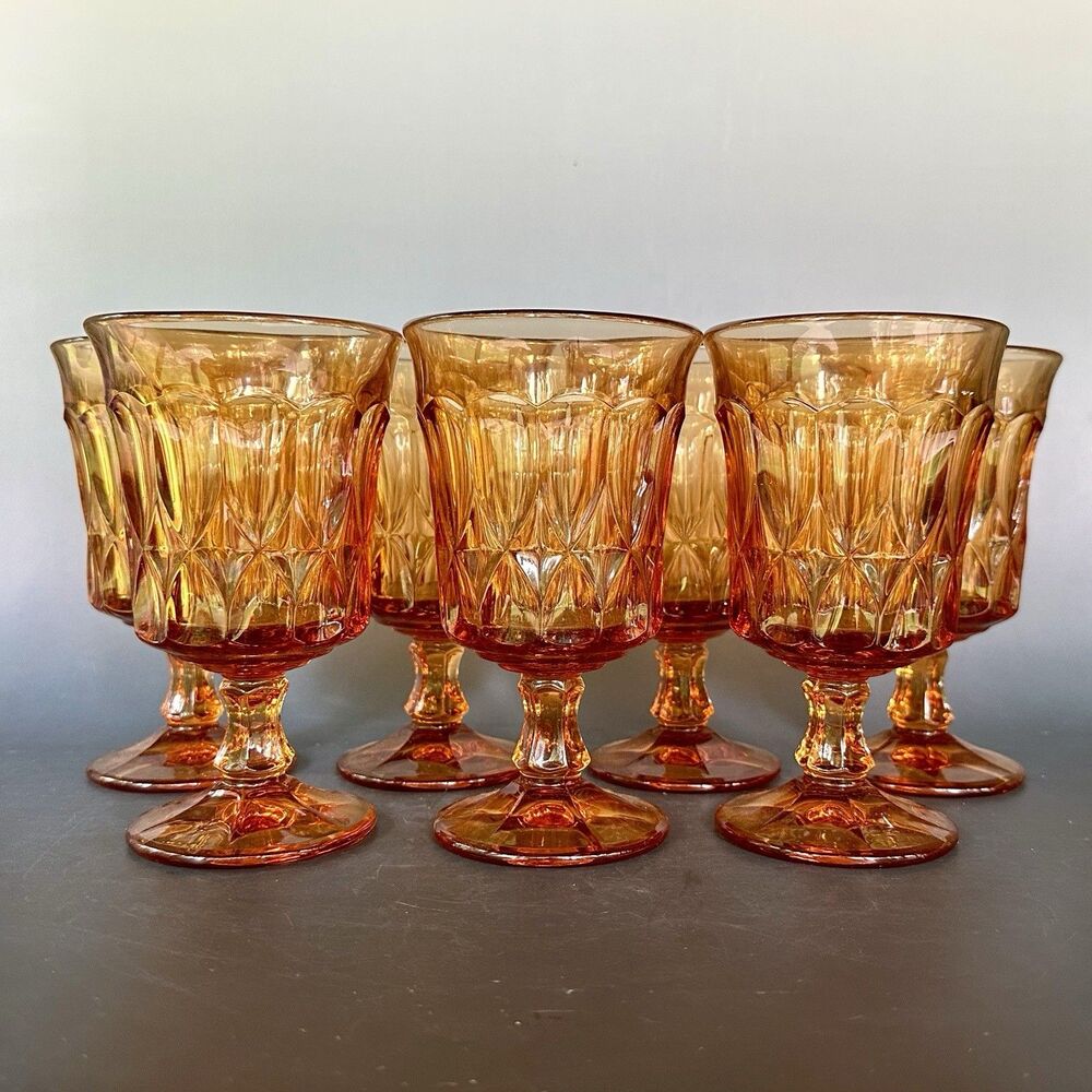 Vintage Noritake Perspective Amber Glass Goblets Set of 7 Water Wine MCM 5 Oz